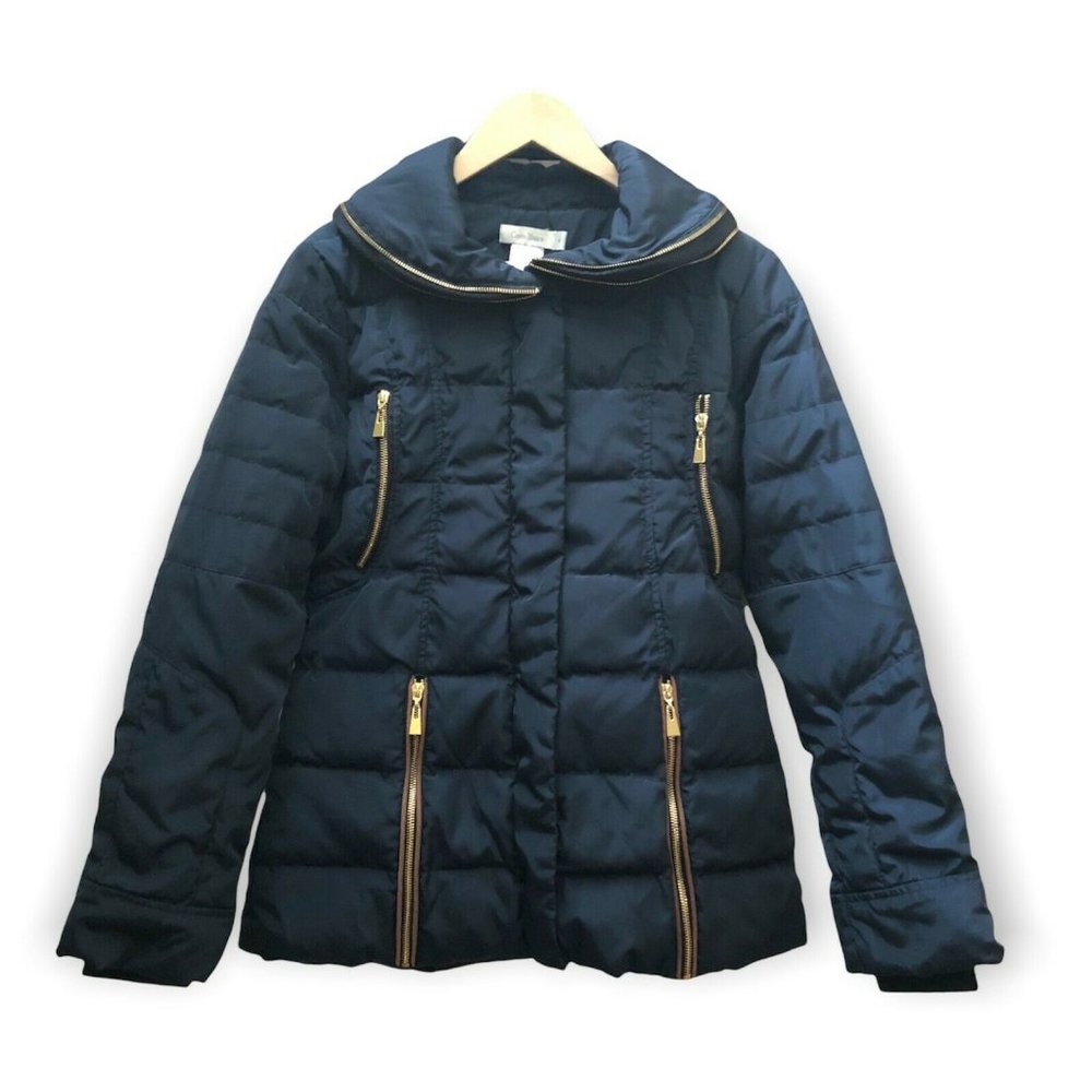 Costa Blanca Puffer Jacket Gold Zipper Accent Navy Color EUC